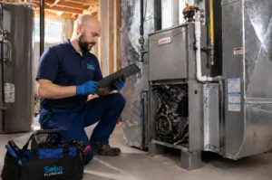 HVAC technician kneeling in a blue uniform, using a tablet beside an open Lennox furnace during maintenance.