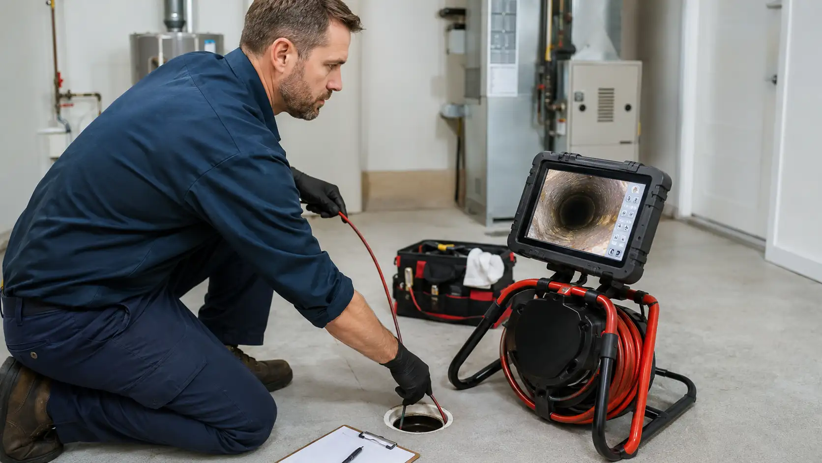 Technician kneeling on a workshop floor, inserting a camera probe into a pipe while a rugged monitor shows the pipe interior.