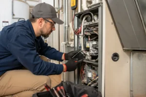 HVAC technician in a cap and gloves inspecting exposed furnace wiring inside an open unit.