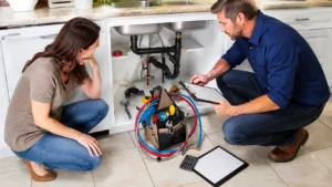 Couple consults a plumber under a kitchen sink, with tools and hoses on the floor nearby.